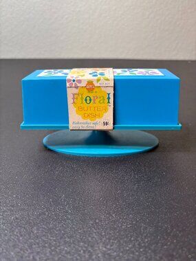 Blue Retro Flower Power Plastic Pedestal Butter Dish with Lid by DEKA